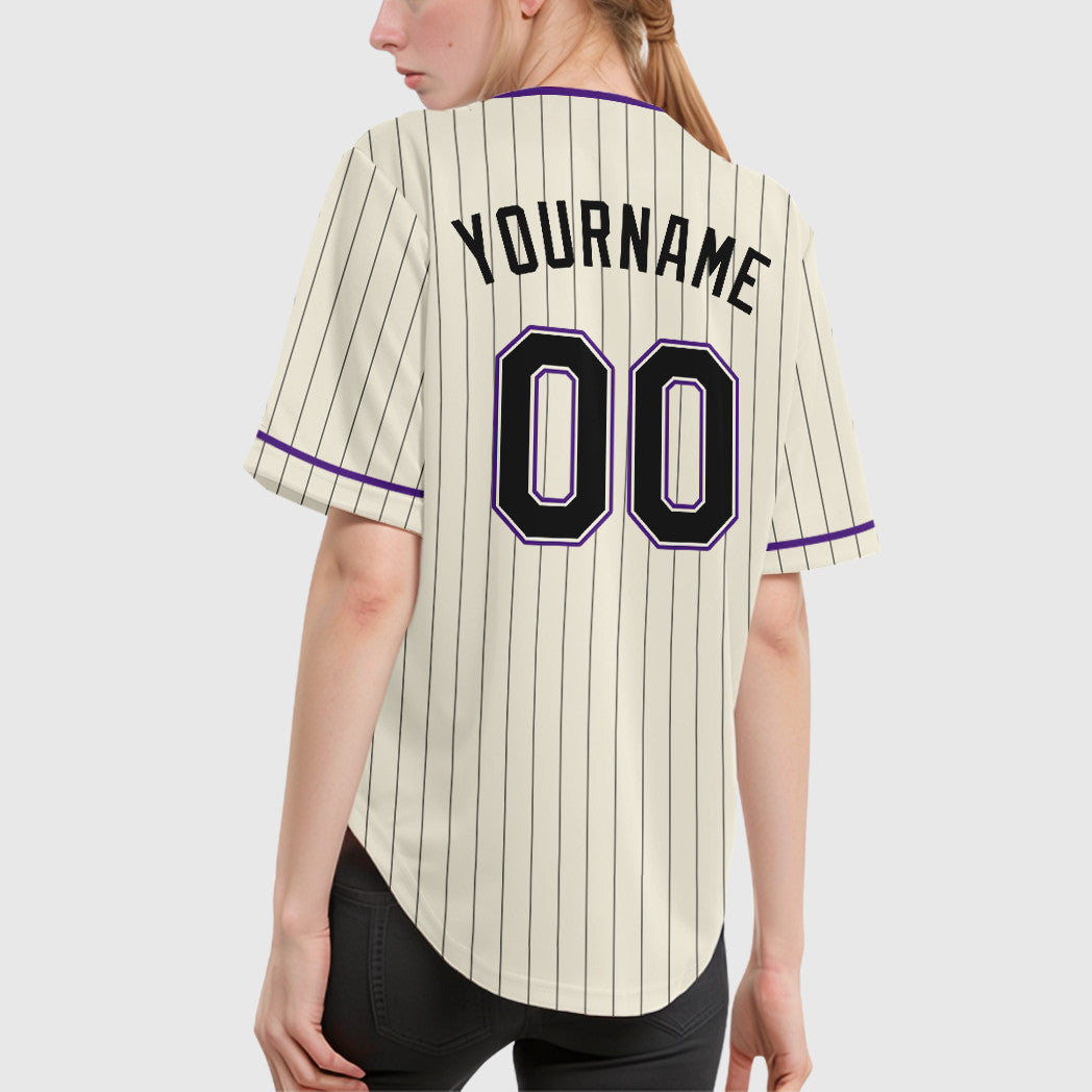 Custom Cream Black Black-Purple Pinstripe Baseball Jersey