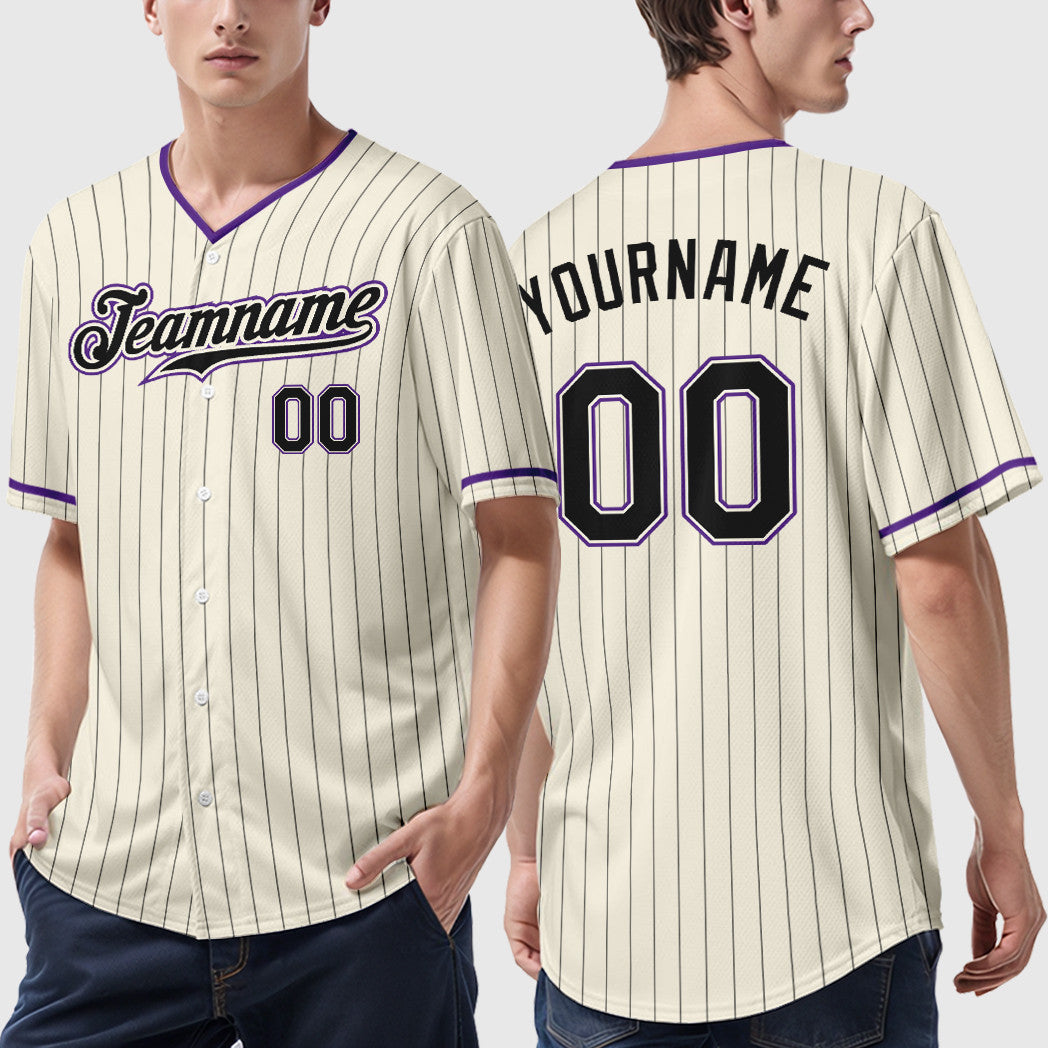 Custom Cream Black Black-Purple Pinstripe Baseball Jersey