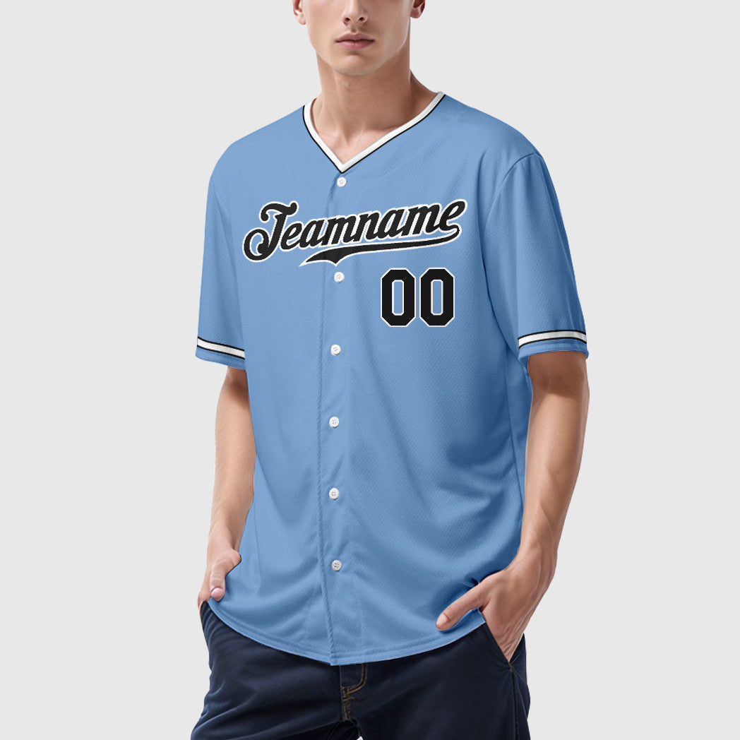 Custom Light Blue White Black Collar Sleeve Baseball Jersey