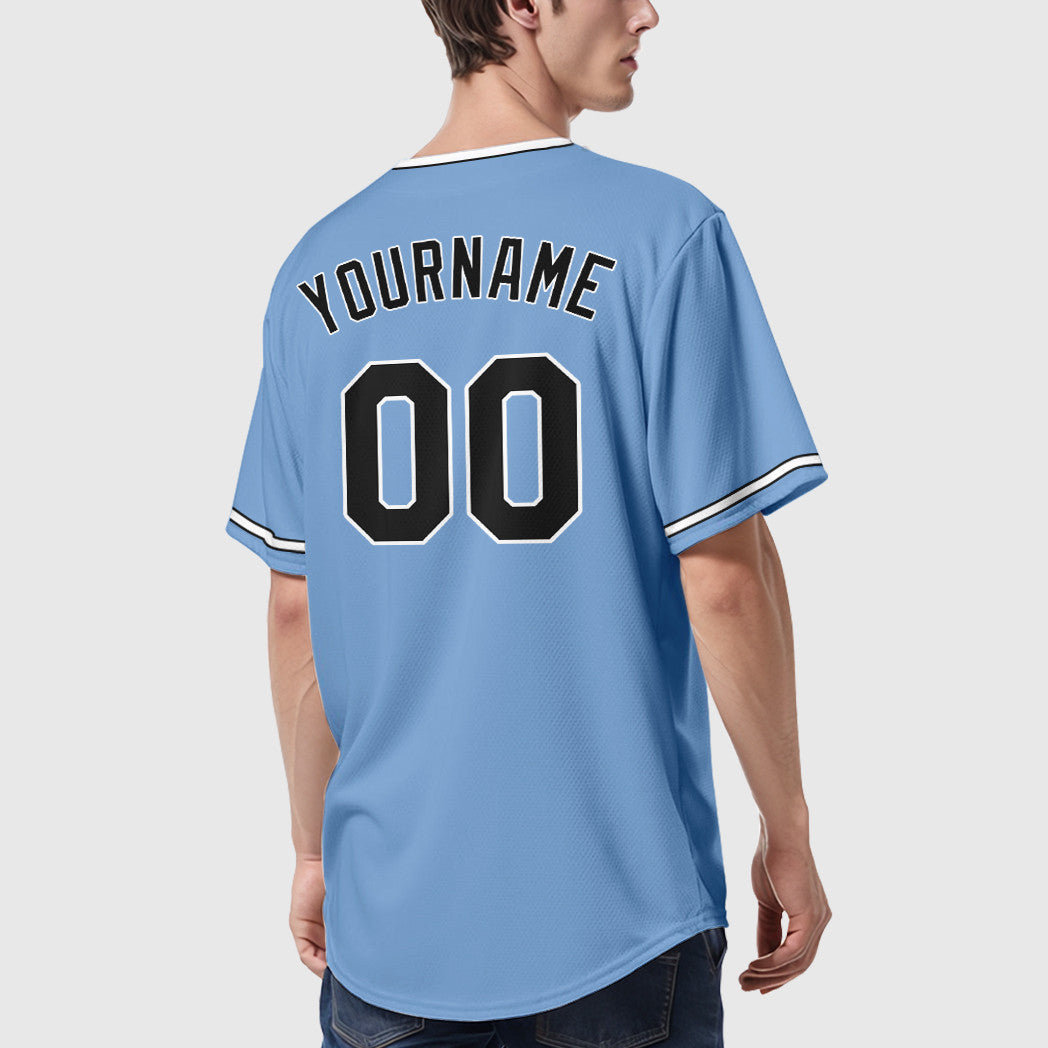 Custom Light Blue White Black Collar Sleeve Baseball Jersey