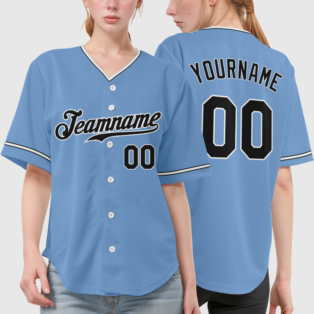 Custom Light Blue White Black Collar Sleeve Baseball Jersey