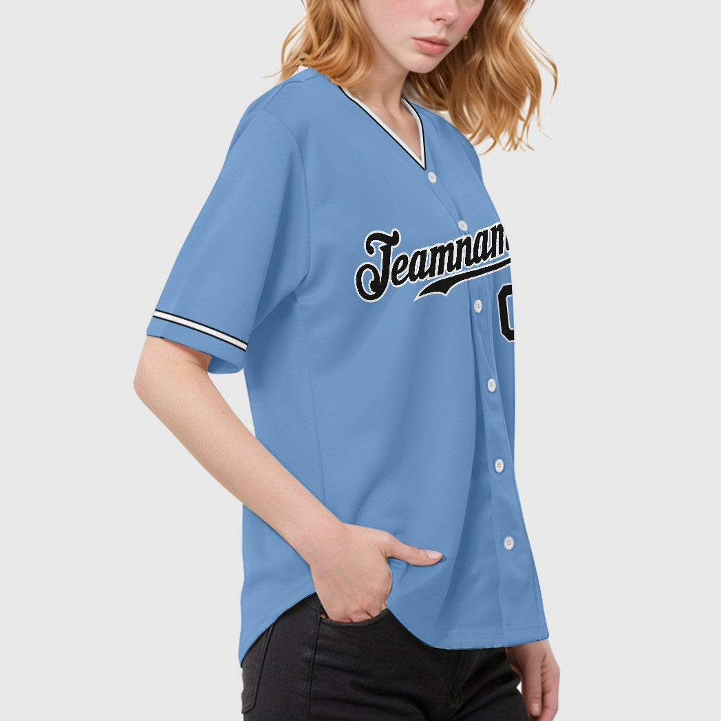 Custom Light Blue White Black Collar Sleeve Baseball Jersey