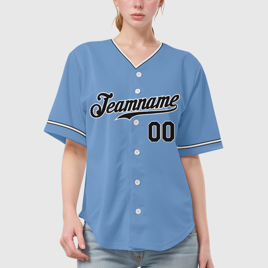 Custom Light Blue White Black Collar Sleeve Baseball Jersey