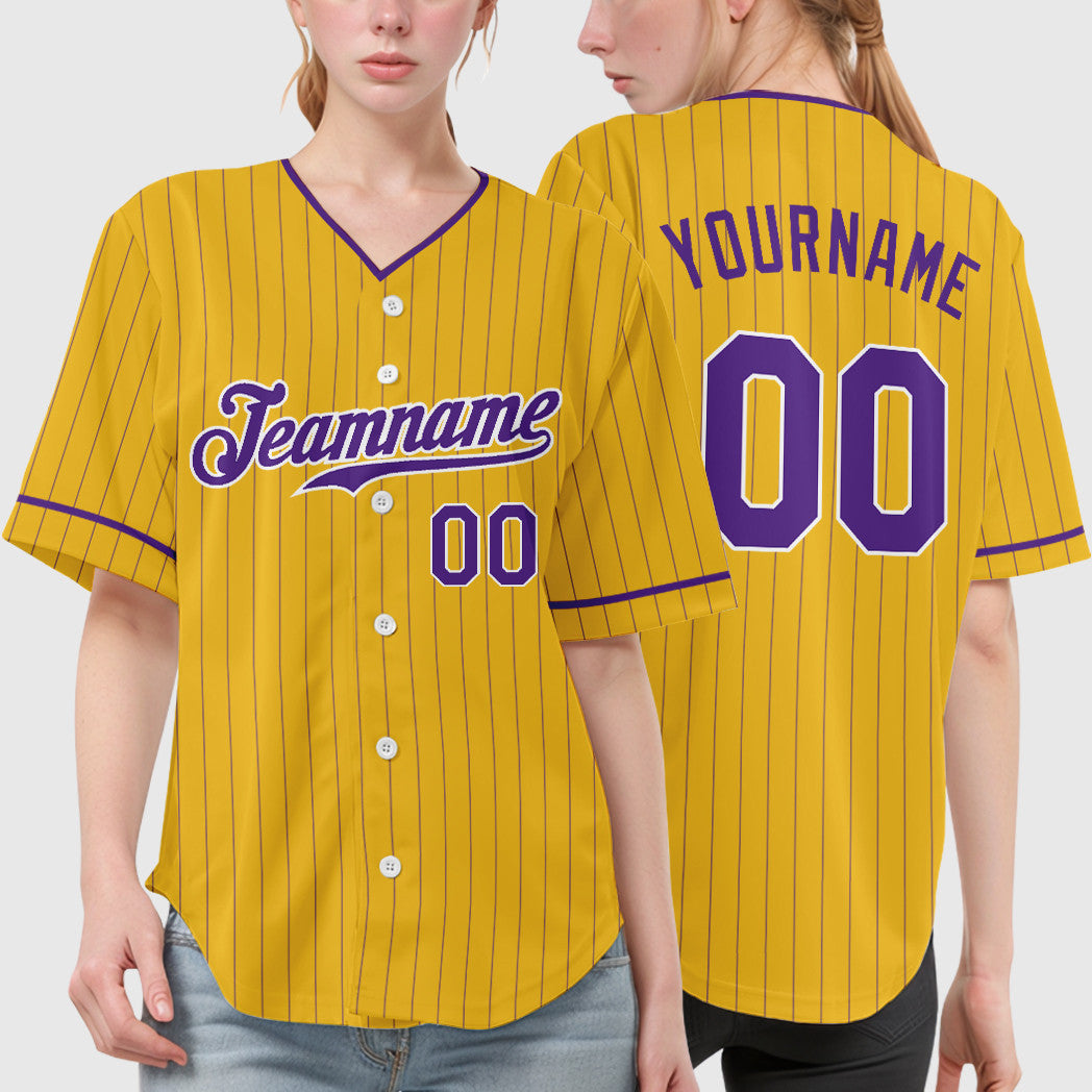 Custom Yellow Purple Purple-White Pinstripe Baseball Jersey