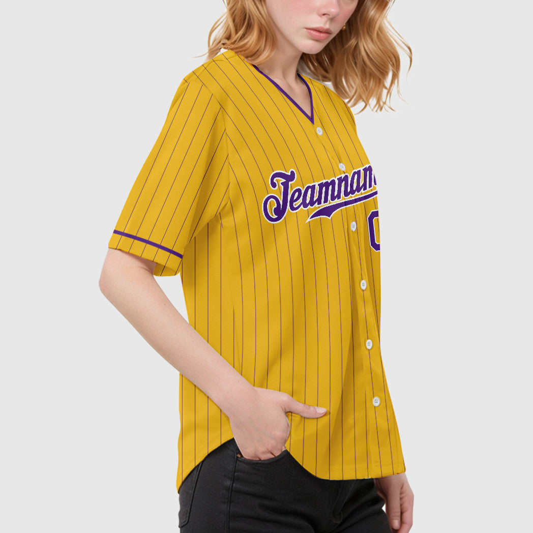 Custom Yellow Purple Purple-White Pinstripe Baseball Jersey
