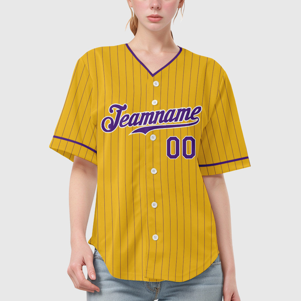 Custom Yellow Purple Purple-White Pinstripe Baseball Jersey