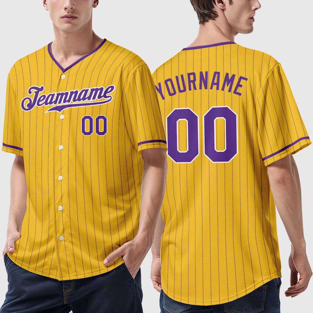 Custom Yellow Purple Purple-White Pinstripe Baseball Jersey