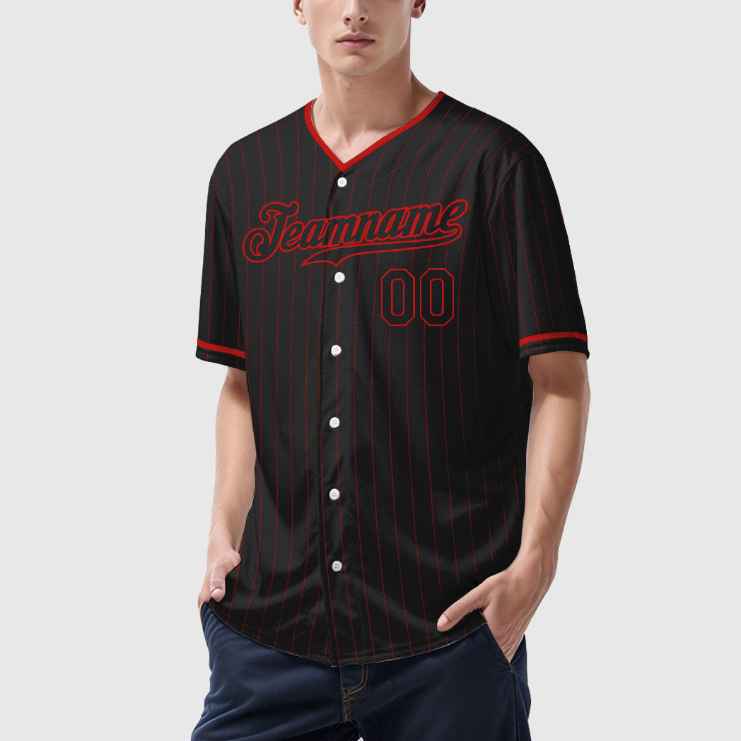 Custom Black Red Black Pinstripe Baseball Jersey