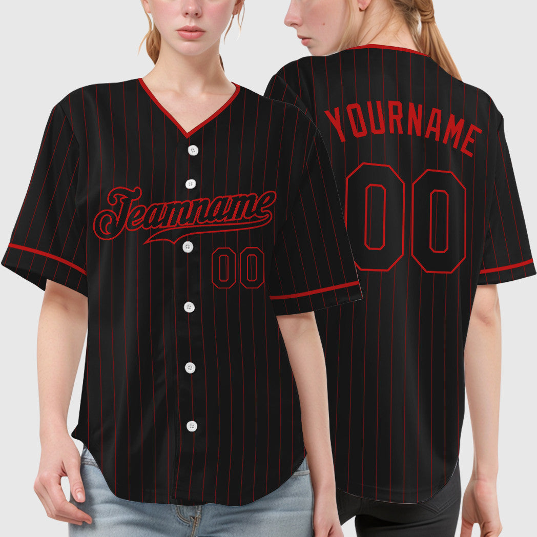 Custom Black Red Black Pinstripe Baseball Jersey