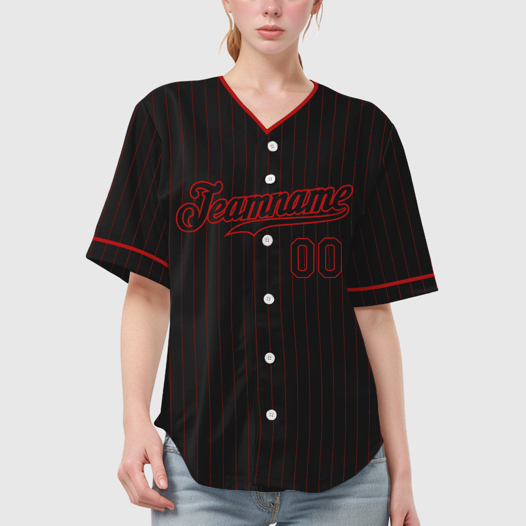 Custom Black Red Black Pinstripe Baseball Jersey