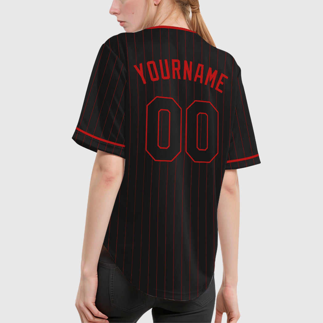 Custom Black Red Black Pinstripe Baseball Jersey