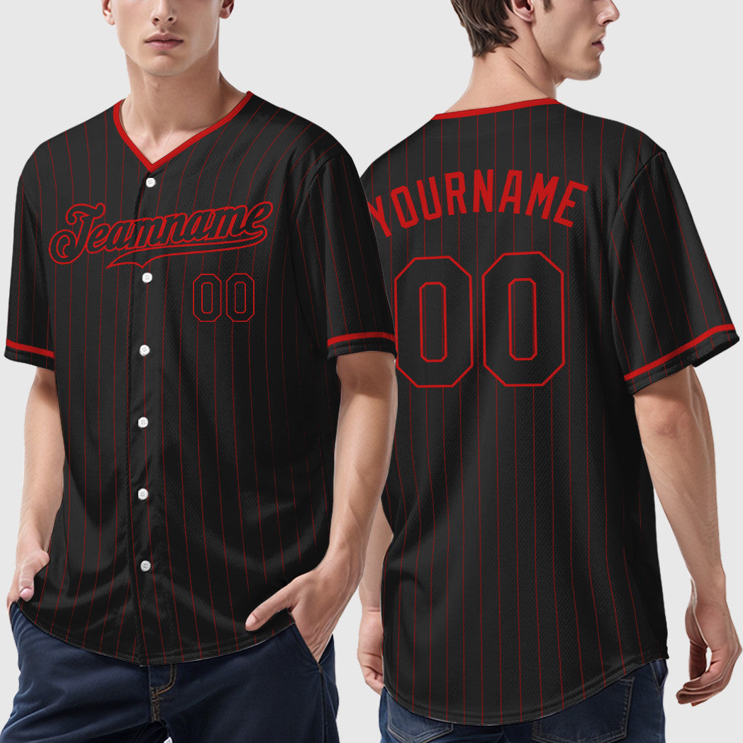 Custom Black Red Black Pinstripe Baseball Jersey