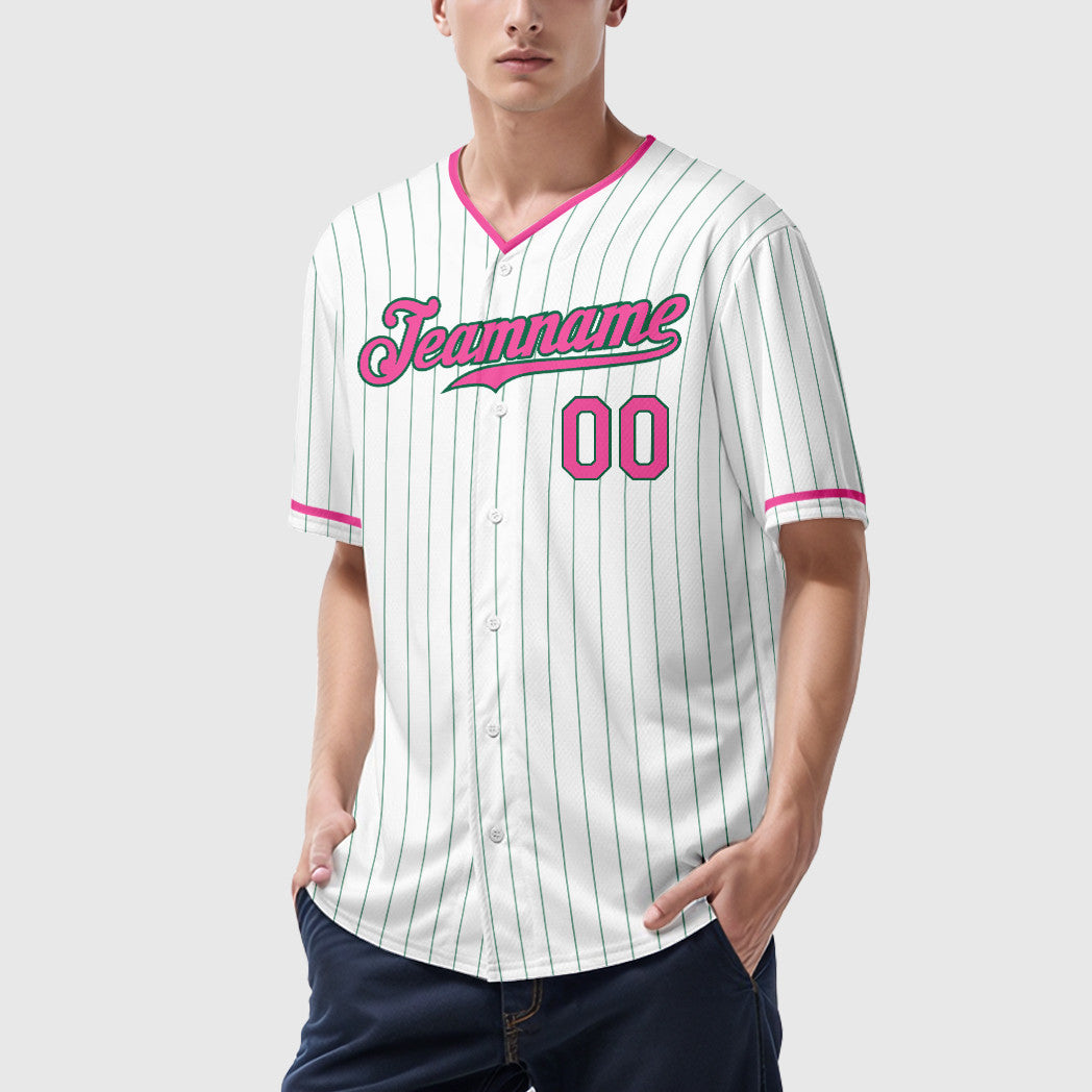 Custom White Kelly Green Pink-Kelly Green Pinstripe Baseball Jersey