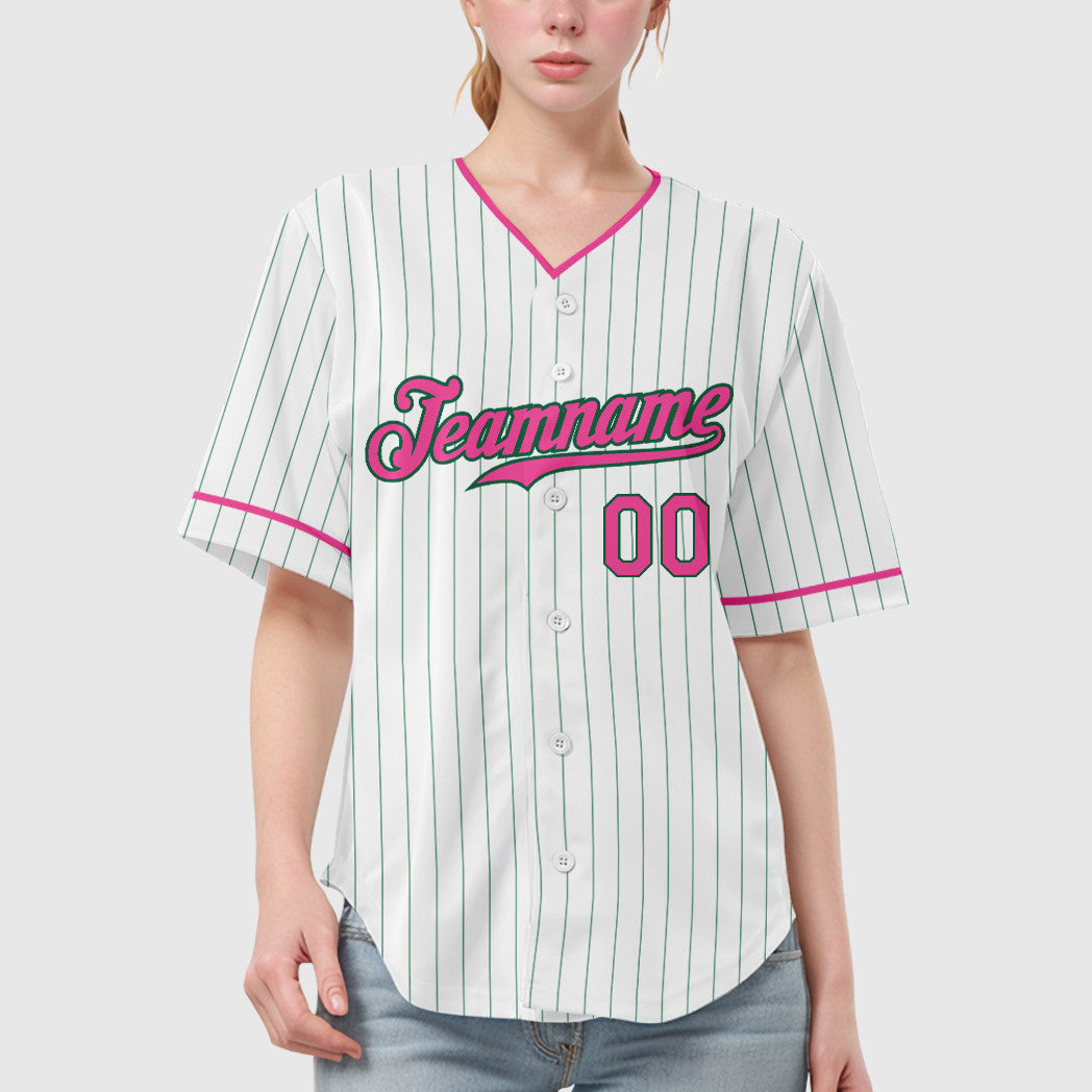 Custom White Kelly Green Pink-Kelly Green Pinstripe Baseball Jersey