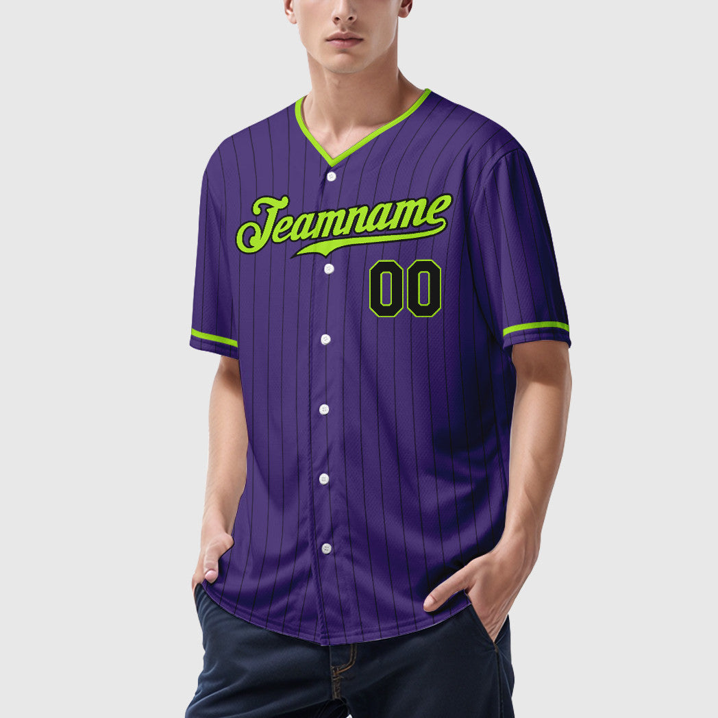 Custom Purple Black Neon Green Pinstripe Baseball Jersey
