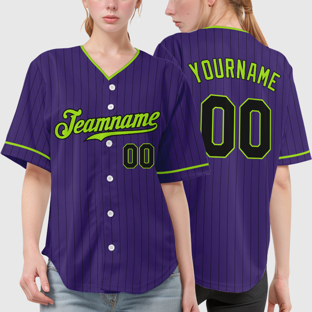 Custom Purple Black Neon Green Pinstripe Baseball Jersey