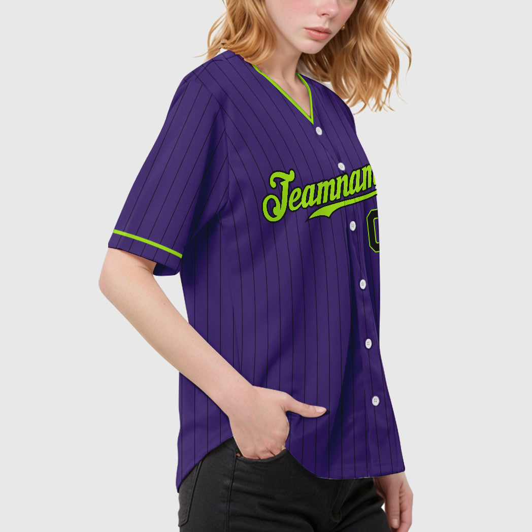 Custom Purple Black Neon Green Pinstripe Baseball Jersey