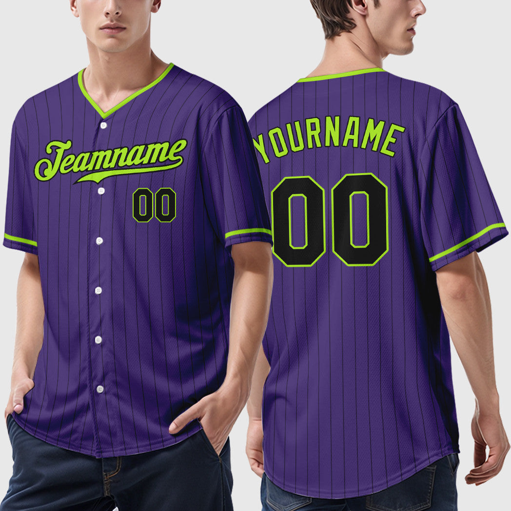 Custom Purple Black Neon Green Pinstripe Baseball Jersey