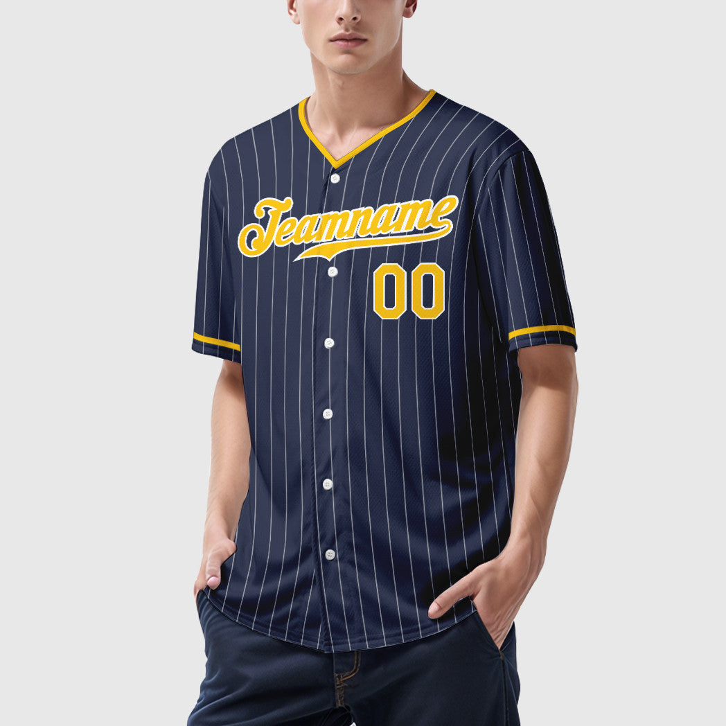 Custom Navy White Gold Pinstripe Baseball Jersey