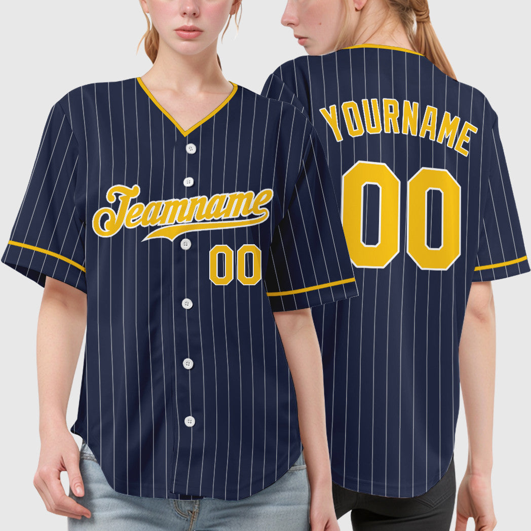 Custom Navy White Gold Pinstripe Baseball Jersey