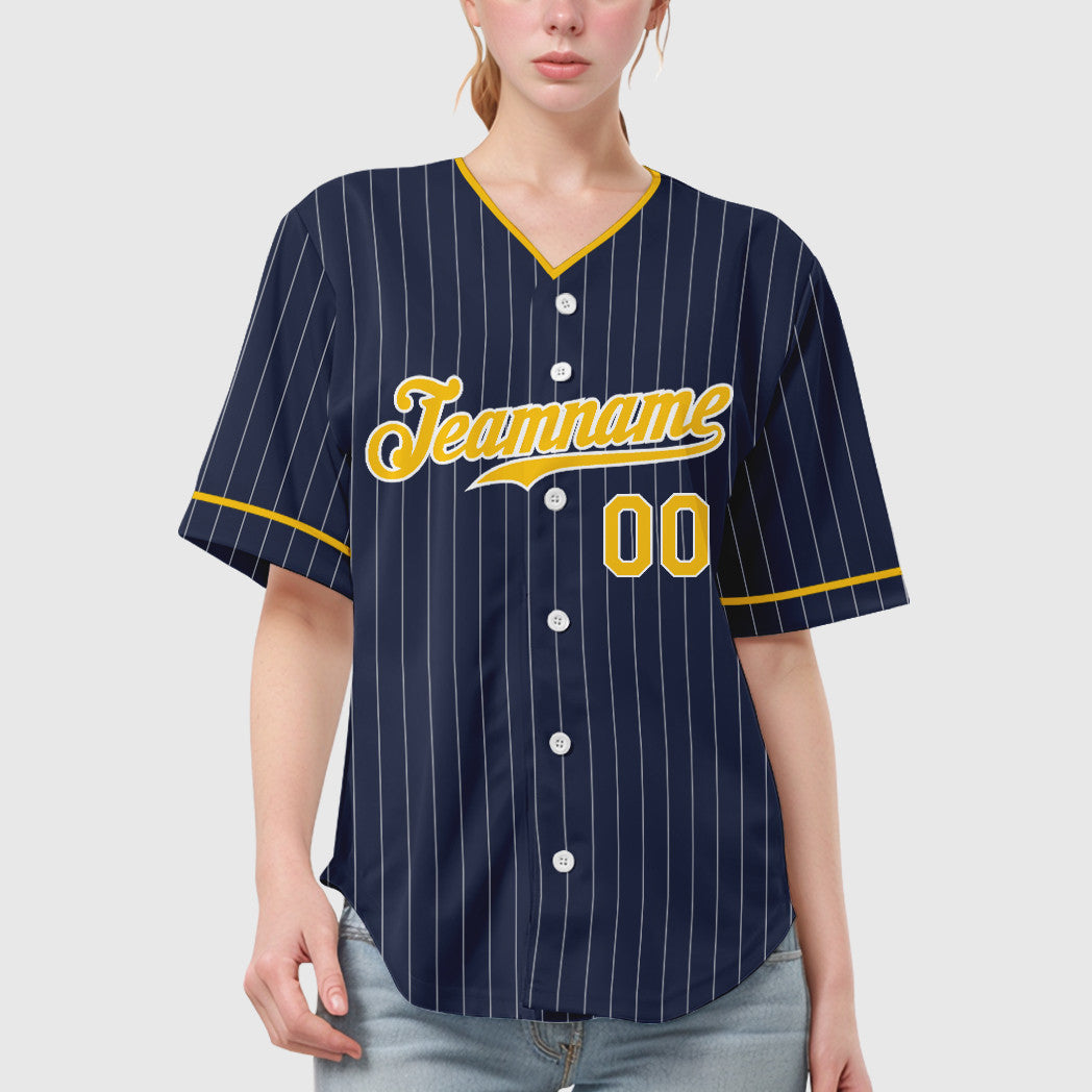 Custom Navy White Gold Pinstripe Baseball Jersey