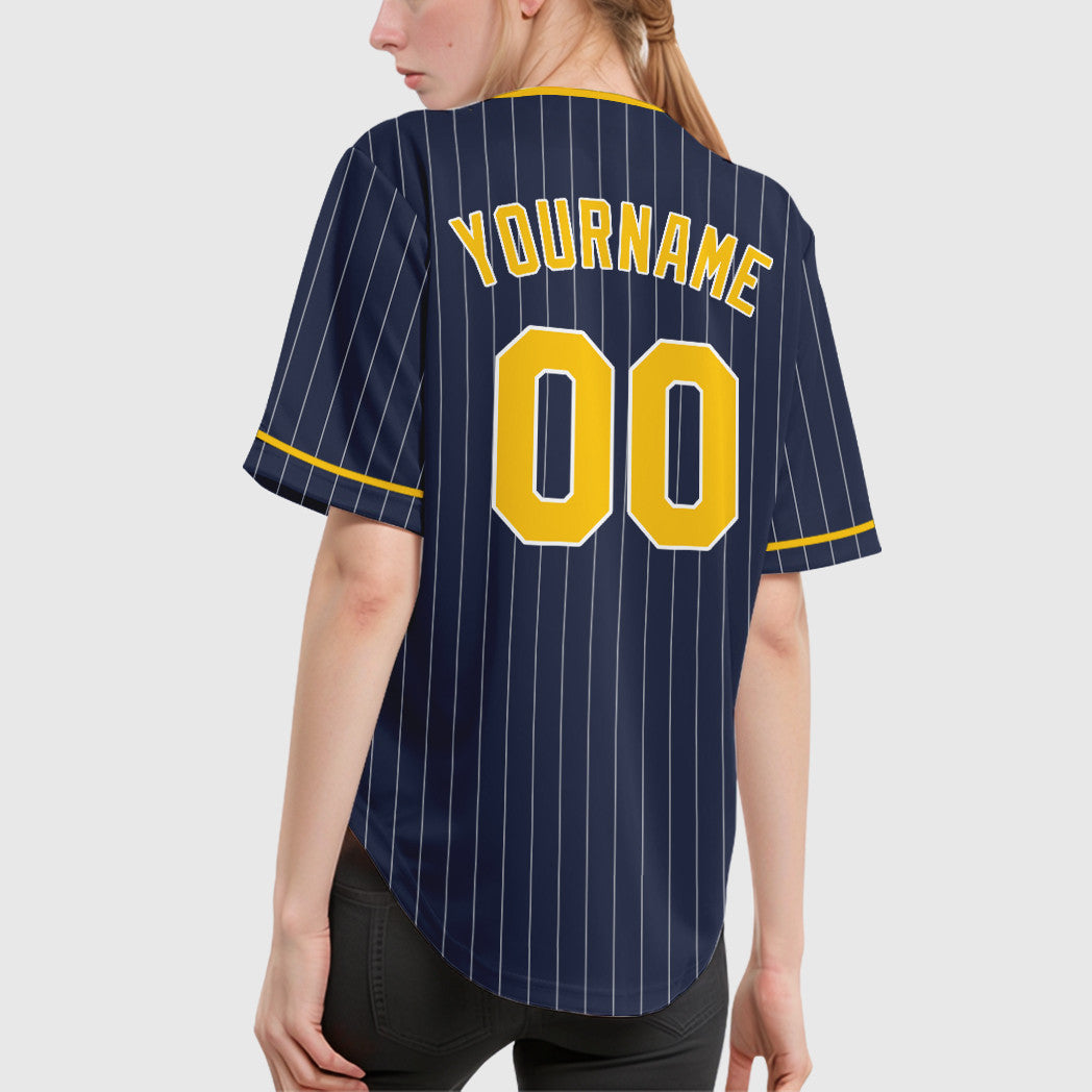 Custom Navy White Gold Pinstripe Baseball Jersey
