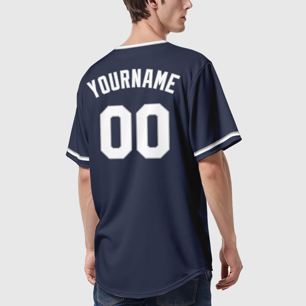 Custom Navy White White-Gray Collar Sleeve Baseball Jersey