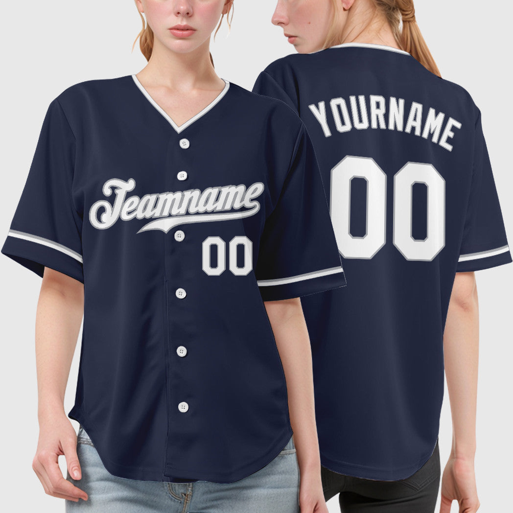 Custom Navy White White-Gray Collar Sleeve Baseball Jersey