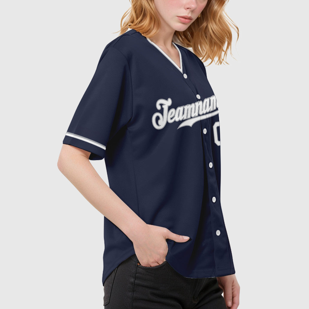 Custom Navy White White-Gray Collar Sleeve Baseball Jersey