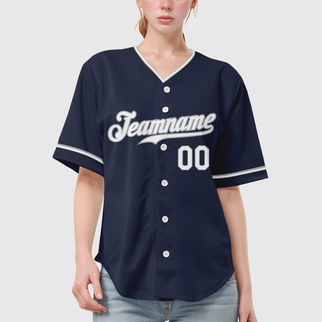 Custom Navy White White-Gray Collar Sleeve Baseball Jersey