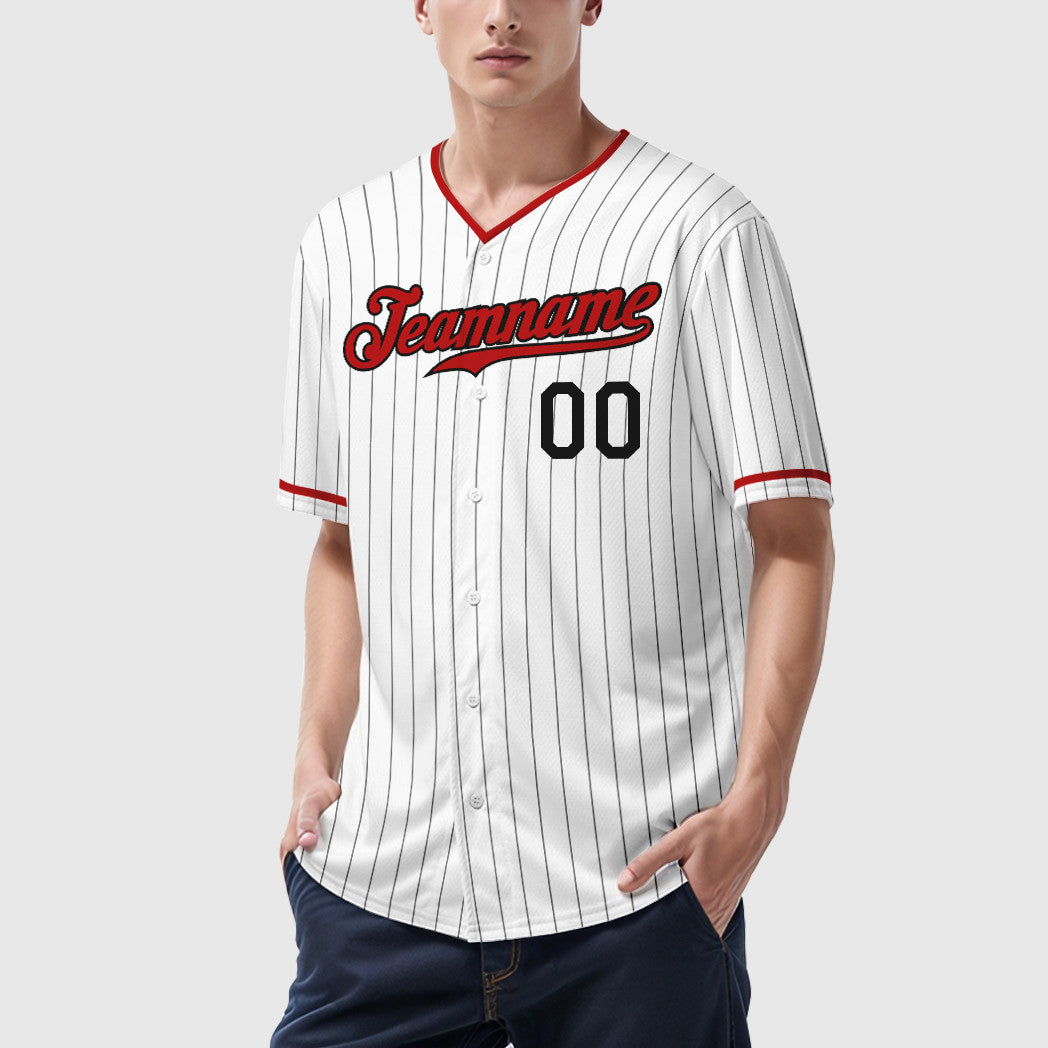 Custom White Black Red Pinstripe Baseball Jersey