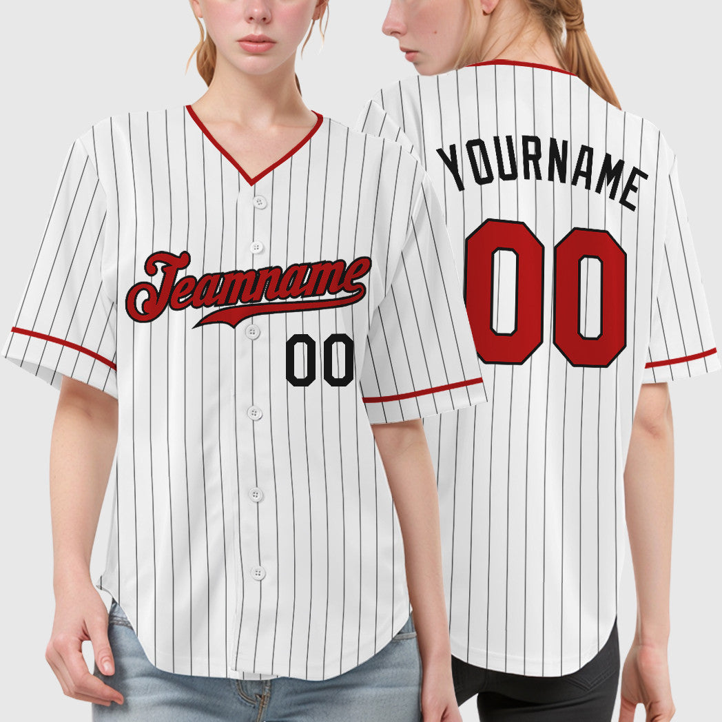 Custom White Black Red Pinstripe Baseball Jersey