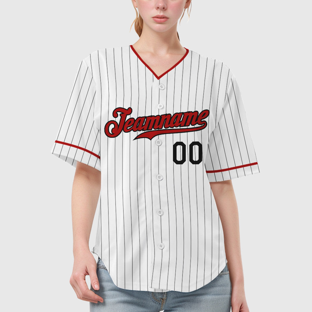 Custom White Black Red Pinstripe Baseball Jersey