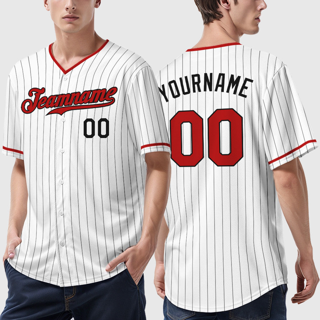Custom White Black Red Pinstripe Baseball Jersey