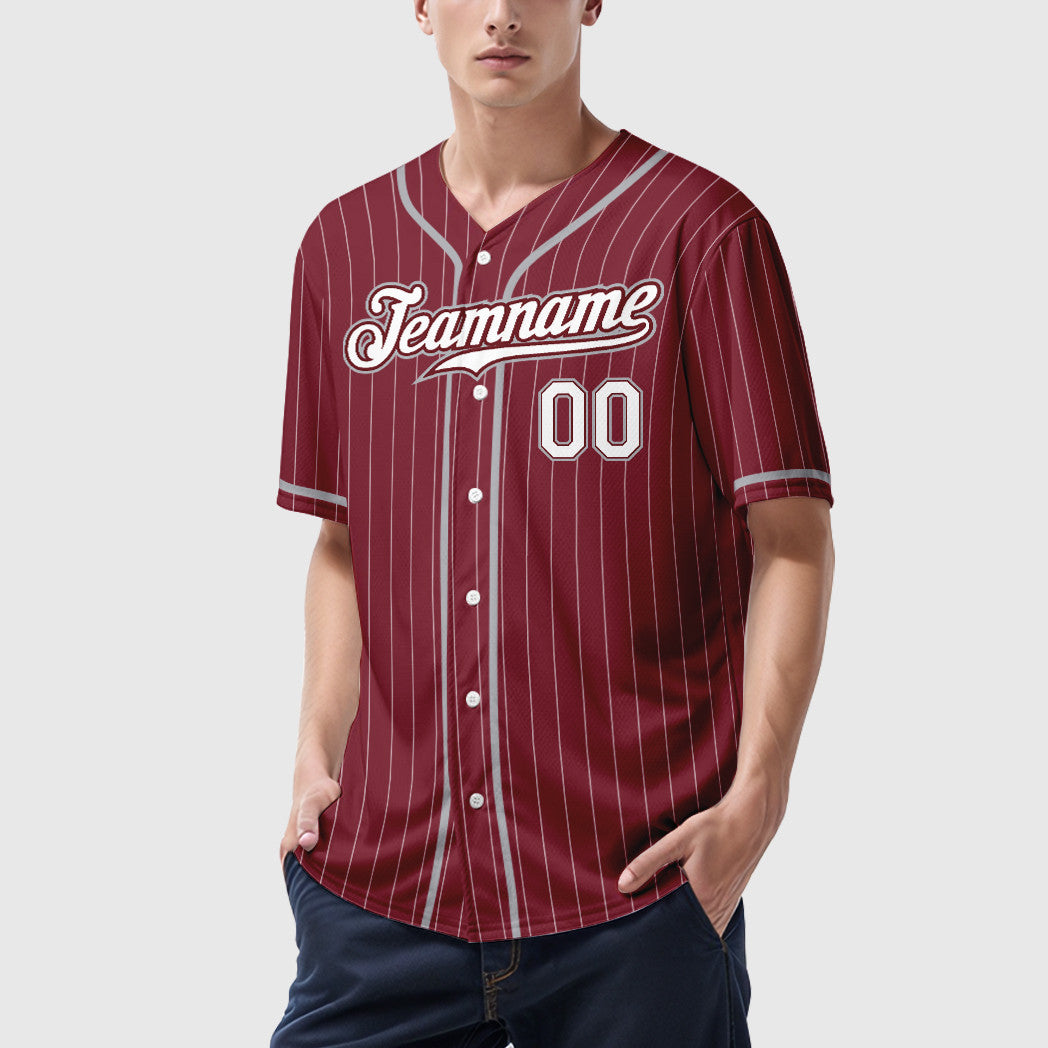 Custom Crimson White Gray Piping Pinstripe Baseball Jersey