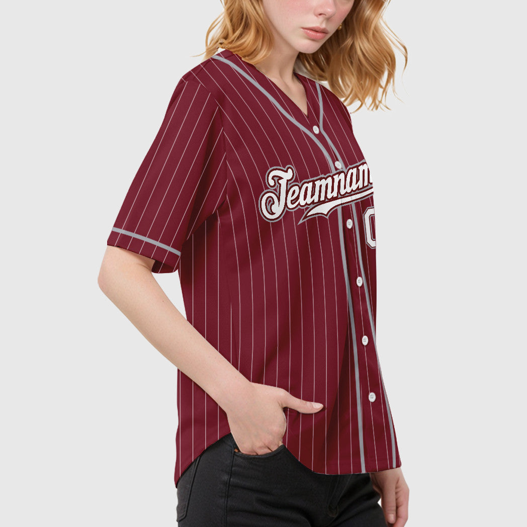 Custom Crimson White Gray Piping Pinstripe Baseball Jersey