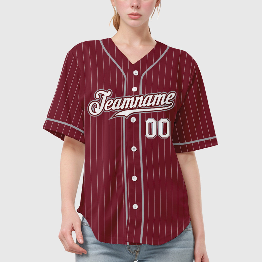 Custom Crimson White Gray Piping Pinstripe Baseball Jersey