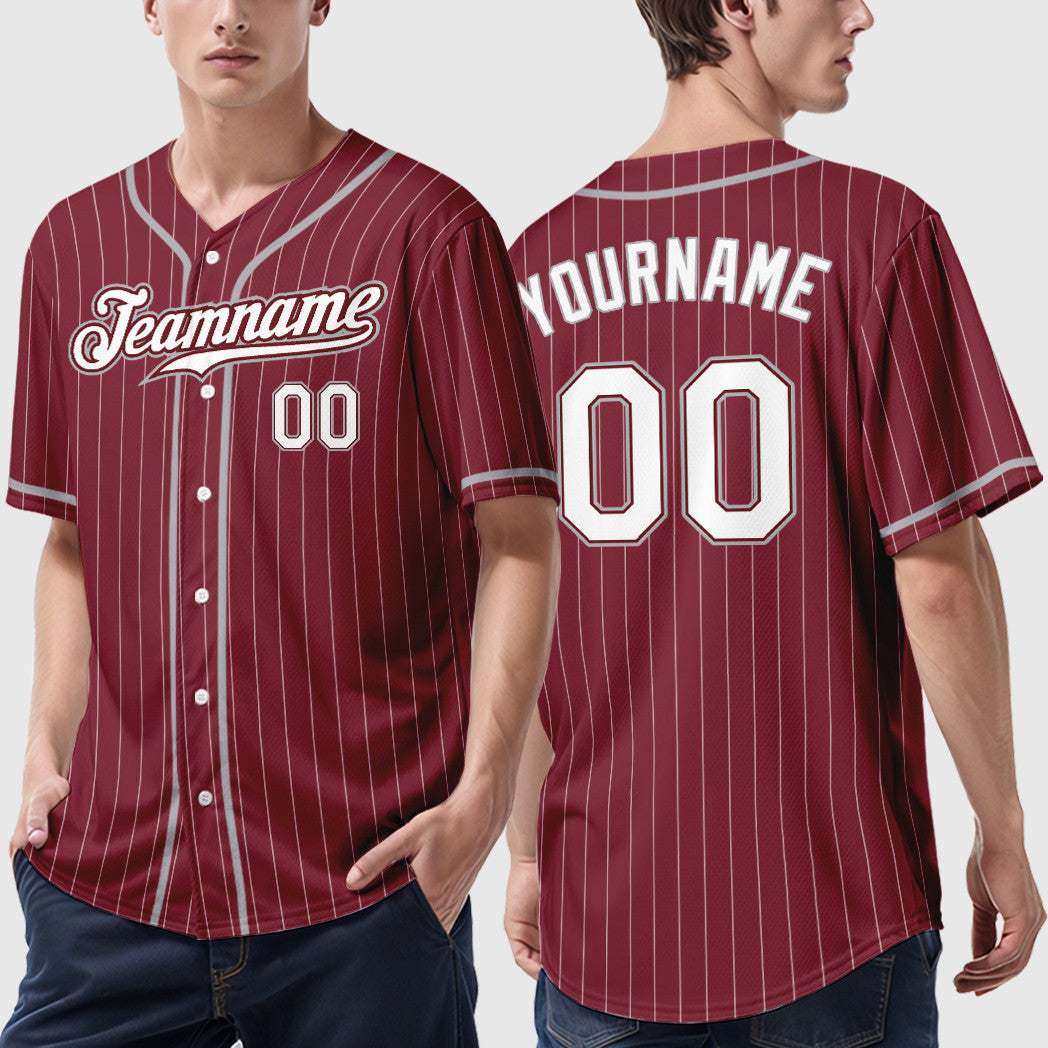 Custom Crimson White Gray Piping Pinstripe Baseball Jersey