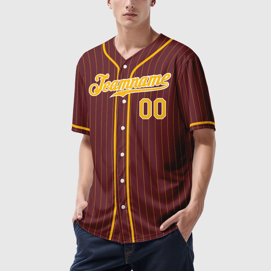 Custom Burgundy Gold White Piping Pinstripe Feature Baseball Jersey