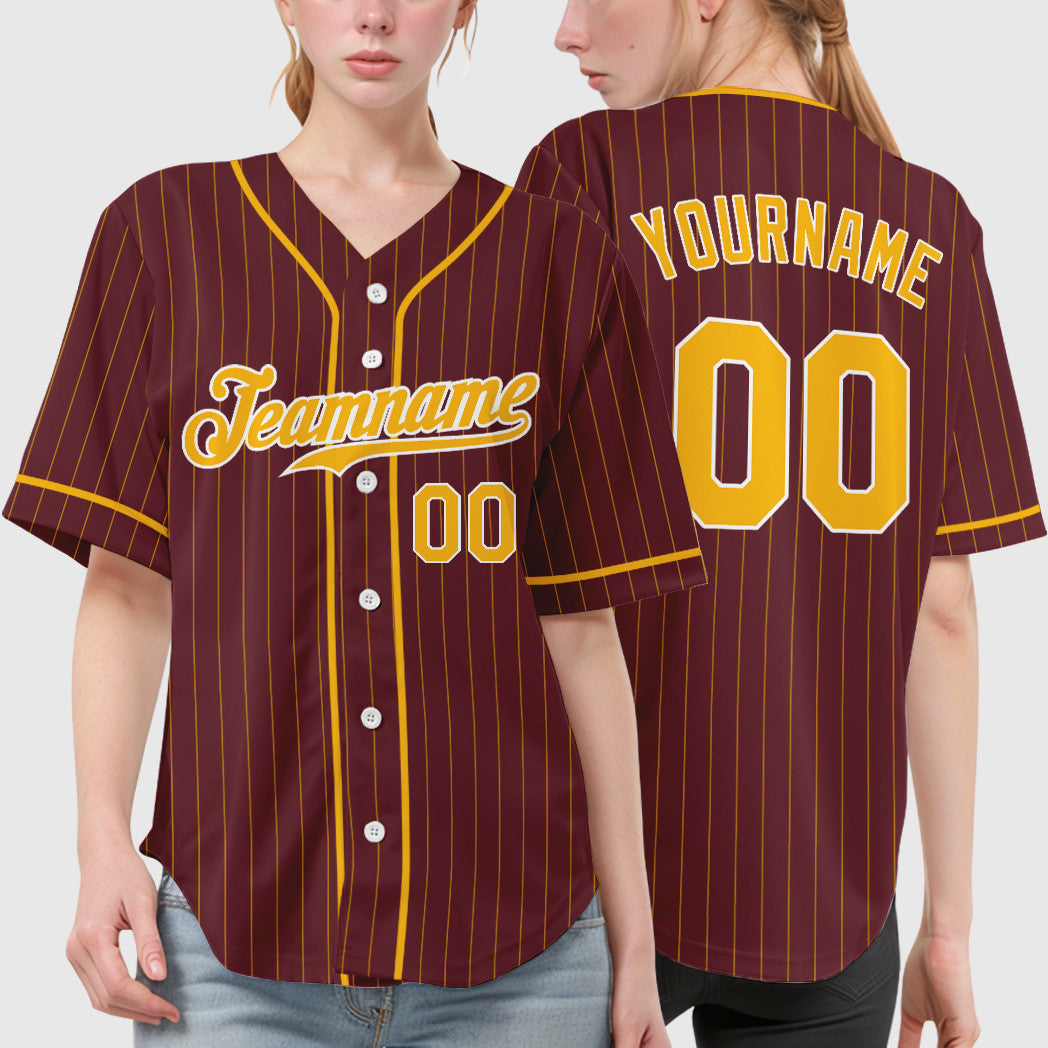 Custom Burgundy Gold White Piping Pinstripe Feature Baseball Jersey