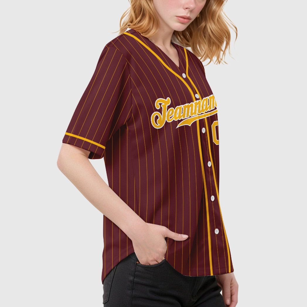 Custom Burgundy Gold White Piping Pinstripe Feature Baseball Jersey