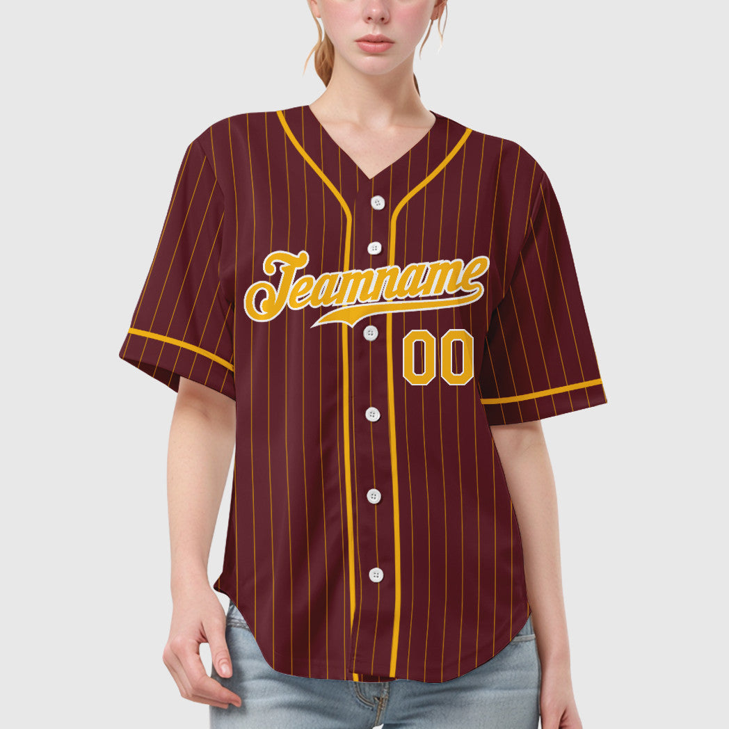 Custom Burgundy Gold White Piping Pinstripe Feature Baseball Jersey