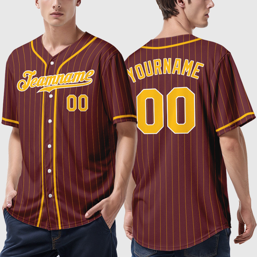 Custom Burgundy Gold White Piping Pinstripe Feature Baseball Jersey