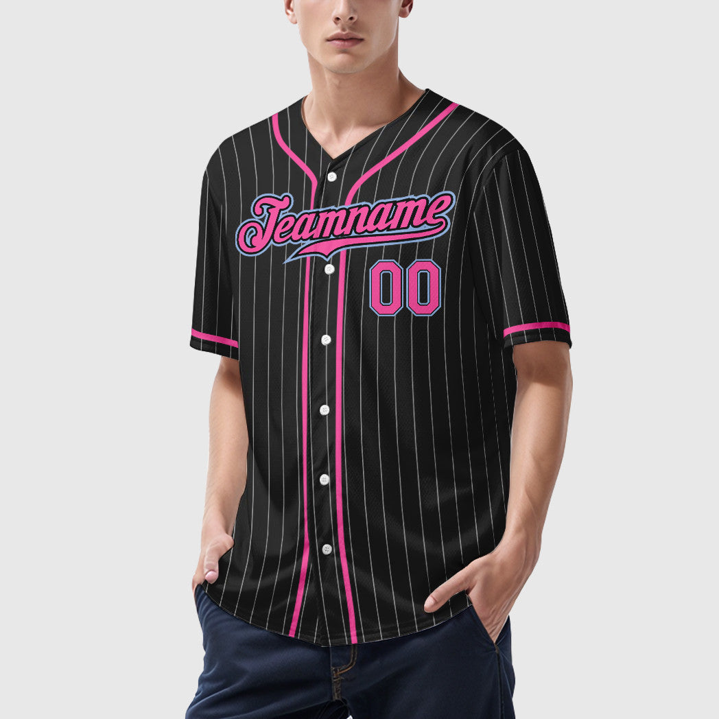 Custom Black White Pink-Light Blue Piping Pinstripe Baseball Jersey