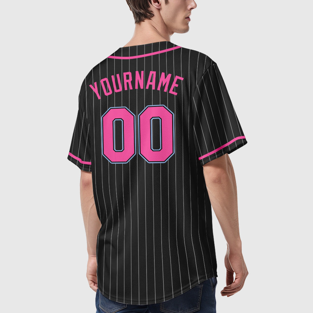 Custom Black White Pink-Light Blue Piping Pinstripe Baseball Jersey