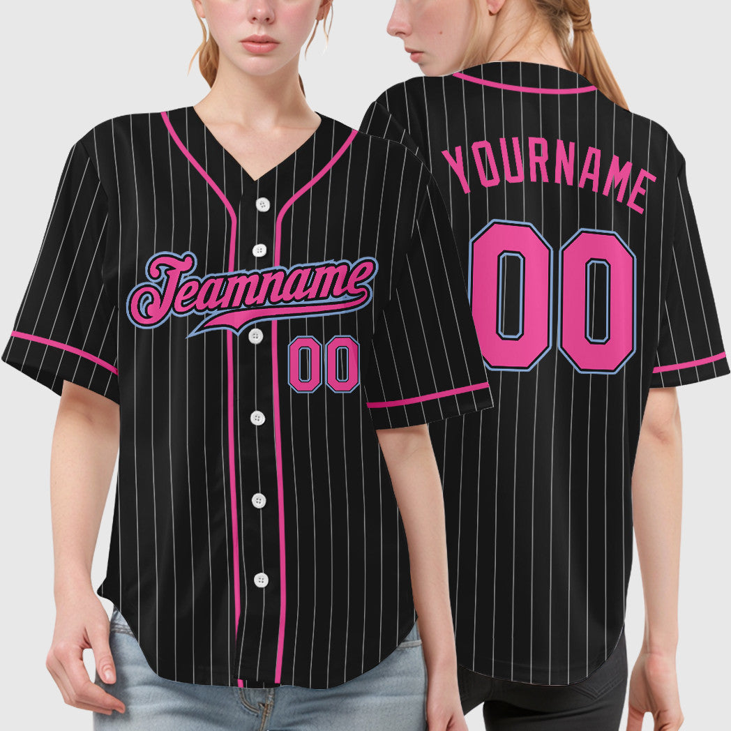 Custom Black White Pink-Light Blue Piping Pinstripe Baseball Jersey