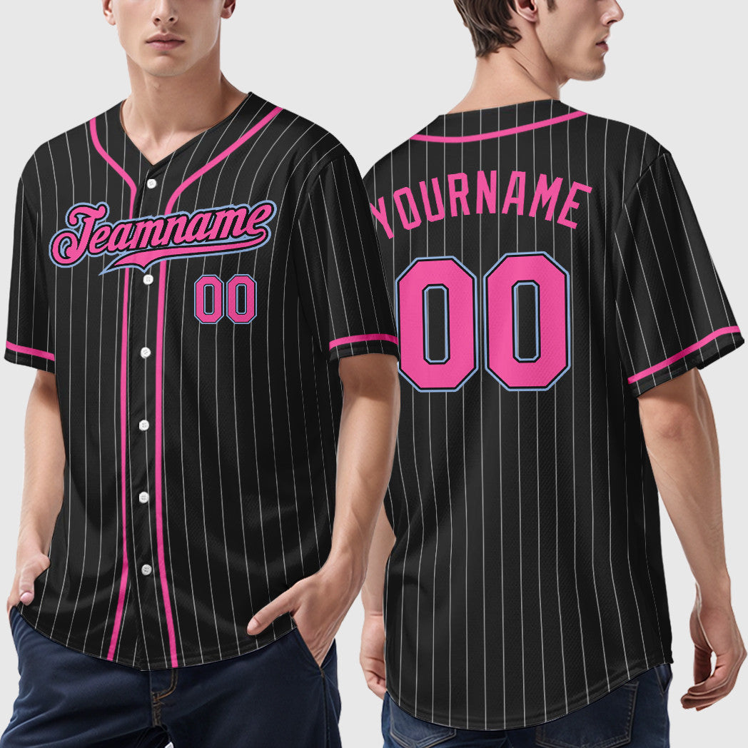 Custom Black White Pink-Light Blue Piping Pinstripe Baseball Jersey