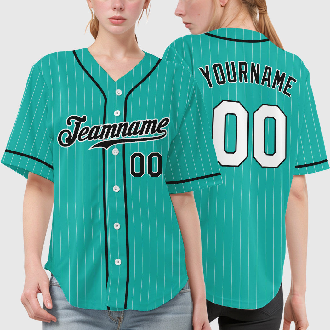 Custom Aqua White Black Piping Pinstripe Baseball Jersey