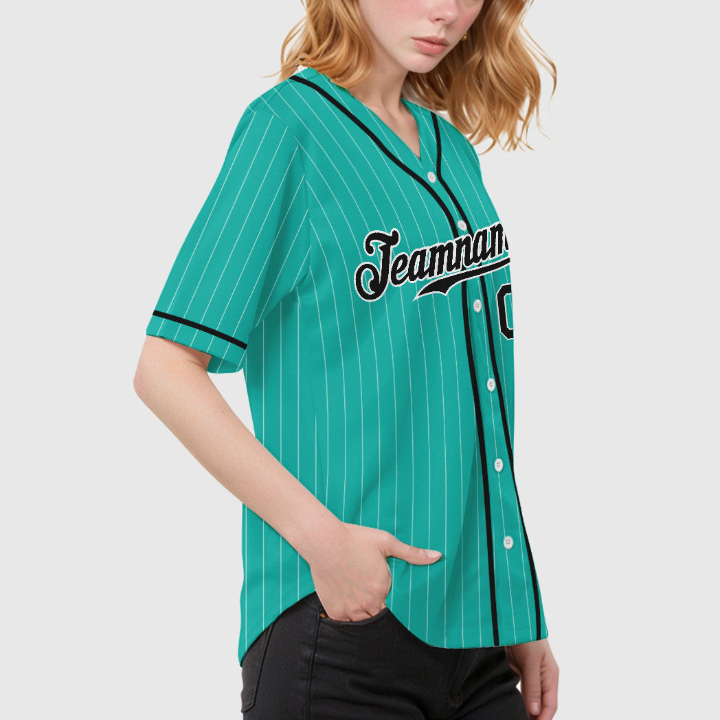 Custom Aqua White Black Piping Pinstripe Baseball Jersey