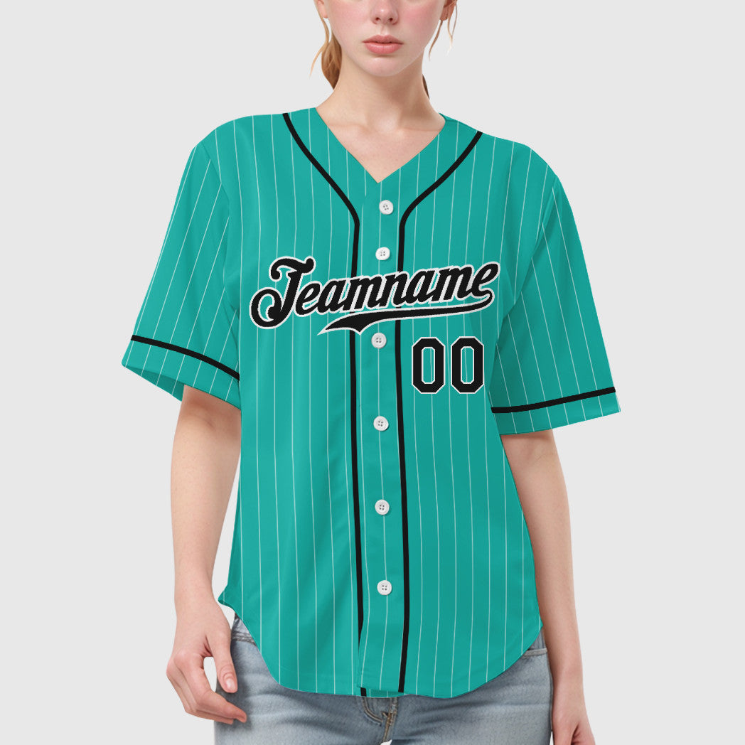 Custom Aqua White Black Piping Pinstripe Baseball Jersey